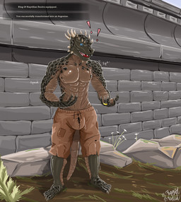 after_transformation anthro bodysuit bulge clothing glistening glistening_body instant_transformation latex latex_bodysuit latex_clothing latex_skinsuit latex_transformation magic male muscular muscular_anthro muscular_male nipple_outline permanent permanent_transformation ring shocked skinsuit tight_clothing transformation transformative_accessory riggedreded microsoft the_elder_scrolls argonian lizard reptile scalie 2025 hi_res
