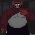 belly clothing darkness glowing glowing_eyes grin knife male overweight overweight_male pecs smile solo sweater topwear weapon lucknomz spooky_month bob_velseb demon humanoid 1:1 hi_res