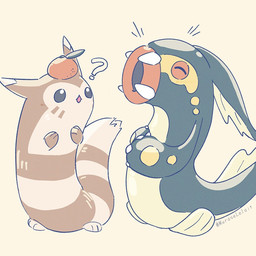 ambiguous_gender anthro duo emanata eyes_closed fin food fruit markings multicolored_body open_mouth paws plant question_mark striped_markings stripes tail tangerine_(fruit) two_tone_body muraselelait nintendo pokemon eelektross furret generation_2_pokemon generation_5_pokemon pokemon_(species) 1:1 2025 signature