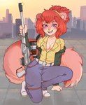 big_tail breasts cleavage clothed clothing cosplay female gun ranged_weapon tail weapon wiporu arkane_studios deathloop microsoft kayla_squirrel eurasian_red_squirrel mammal rodent sciurid tree_squirrel