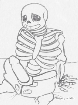 bed blush bone furniture graphite looking_at_viewer male not_furry nude on_bed sheepish_grin simple_background sitting sitting_on_bed skeleton smile solo strapon wearing_strapon white_body lunarpanda8686 undertale undertale_(series) sans_(undertale) animated_skeleton humanoid undead hi_res monochrome sketch traditional_media_(artwork)