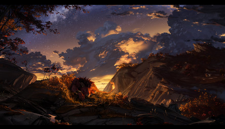 black_bars cliff cloud detailed_background feral grass male outside plant sleeping solo star sunset tree whiteraven90 final_fantasy final_fantasy_vii square_enix red_xiii felid lion mammal pantherine 2019 hi_res letterbox