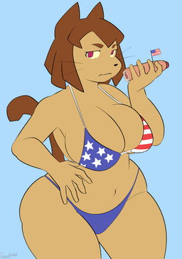 big_breasts bikini breasts brown_body brown_fur clothing eating female flag flag_bikini flag_swimwear food fur holidays hot_dog mini_flag solo swimwear thick_thighs two-piece_swimsuit wide_hips toonarscontent 4th_of_july gameoverse glitch_productions kit_bodega absurd_res hi_res