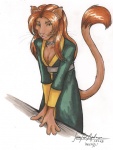 anthro brown_body brown_fur brown_hair choker cloak clothed clothing ehm_ayla eyebrows felid female fur green_cloak green_clothing hair hands_on_table jennifer_l_anderson jewelry looking_at_viewer mammal necklace orange_eyes sah'aaran simple_background solo tail text whiskers white_background yellow_clothing yellow_eyes