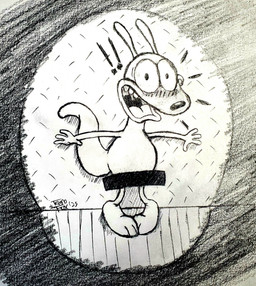 anthro blush censor_bar embarrassed embarrassing_nudity exclamation_point looking_at_viewer male nude open_mouth solo spotlight surprised tail teeth thick_tail tongue teonothefox nickelodeon rocko's_modern_life rocko_rama macropod mammal marsupial wallaby hi_res traditional_media_(artwork)