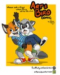 anthro bottomwear cheek_tuft clothed clothing detailed_background dipstick_tail duo effort eyewear facial_tuft feet_together footwear fully_clothed gloves_(marking) lifting_another lifting_partner male markings tail tail_markings text tired tongue tongue_out tuft pandapaco art_(pandapaco) biro_(pandapaco) canid canine fox mammal procyonid raccoon comic cover cover_art cover_page english_text url