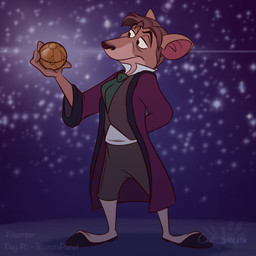 anthro ascot bottomwear clothing coat footwear fur hair half-closed_eyes holding_object holding_orb male mouth_closed narrowed_eyes orb pants shirt sky solo standing star starry_sky text topwear atimon disney the_great_mouse_detective treasure_planet basil_(disney) delbert_doppler mammal mouse murid murine rodent 1:1 2023 signature