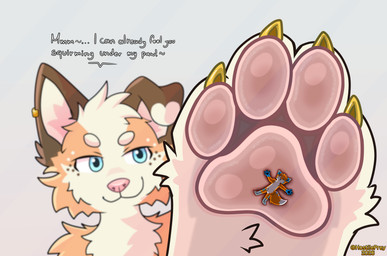 anthro claws crush dominant duo extreme_size_difference feet fluffy foot_crush foot_focus golden_claws macro male male/male micro pawpads paws pink_pawpads size_difference smug teasing text toe_claws hostileprey kitsumuji_ceher engel_ceher border_collie canid canine canis collie domestic_dog fox herding_dog mammal pastoral_dog red_fox sheepdog true_fox absurd_res english_text hi_res