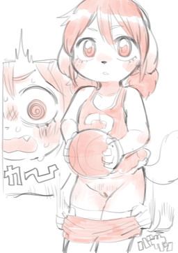anthro assisted_exposure ball basketball basketball_(ball) basketball_uniform black_nose blush bodily_fluids body_blush bottomwear bottomwear_down bottomwear_pull breasts brown_hair chibi clothed clothing clothing_pull embarrassed fangs female floppy_ears fluffy_ears front_view genitals hair holding_object legwear panties pantsing pigtails raised_tail shirt shocked shorts shorts_pull small_breasts solo spiral spiral_eyes sportswear standing surprised sweat sweatdrop tail tank_top teeth thigh_highs topwear underwear uniform vulva vulva_blush oposa konomi_(oposa) canid canine canis domestic_dog mammal absurd_res hi_res monochrome restricted_palette sketch