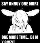 angry anthro black_background clothing dialogue eye_through_hair eyelashes hair hair_over_eyes humor long_hair looking_at_viewer male male_anthro motion_lines shirt simple_background solo text threatening topwear translucent translucent_hair twang bnuuy_(meme) janis_(twang) lagomorph leporid mammal rabbit english_text hi_res impact_(font) monochrome reaction_image