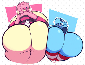 accessory anthro back_boob big_breasts big_butt biped blue_body blue_sclera breasts butt clothed clothing dipstick_ears duo ear_markings eyebrows eyelashes female footwear geometric_background glistening hair hair_accessory hairpin huge_breasts huge_butt huge_thighs hyper hyper_breasts legwear looking_back monotone_body multicolored_body multicolored_ears pink_body pink_hair rear_view simple_background socks tail thick_thighs topwear two_tone_body white_eyes white_tail yellow_body dewbber nintendo pokemon quote_the_audino saber_wottson audino dewott generation_5_pokemon pokemon_(species) 2024 absurd_res digital_drawing_(artwork) digital_media_(artwork) hi_res