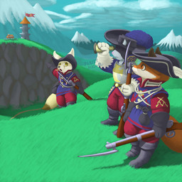 anthro armor building chest_armor clothed clothing day detailed_background fur grass gun hat headgear headwear male orange_body orange_fur outside plant ranged_weapon standing tail tower weapon white_body white_fur panzermask canid canine domestic_cat felid feline felis fox mammal 1:1 hi_res
