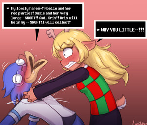 2_horns angry anthro antlers asphyxiation beak biped blonde_hair blue_body blush bodily_fluids breasts brown_body choking clenched_teeth clothed clothing dialogue drooling duo eyebrows eyewear female freckled_face freckles glasses hair horn humor looking_at_another male open_mouth saliva scut_tail shirt short_tail side_view simple_background small_breasts tail teeth text text_box topwear wearing_glasses white_clothing white_shirt white_topwear young young_anthro young_female young_male lumineko deltarune undertale_(series) berdly noelle_holiday avian bird deer mammal new_world_deer reindeer 2025 english_text