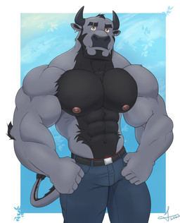 abs anthro areola barazoku belt big_muscles biped black_body black_fur bottomwear brown_eyes clothed clothing denim denim_bottomwear denim_clothing ear_piercing ear_ring fingers fist front_view fur grey_body grey_fur horn humanoid_hands jeans looking_at_viewer male muscular muscular_anthro muscular_arms muscular_male navel nipples pants pecs piercing pose ring_piercing solo tail topless topless_anthro topless_male isaac_andel bovid bovine cattle mammal 2023 absurd_res colored hi_res portrait signature three-quarter_portrait