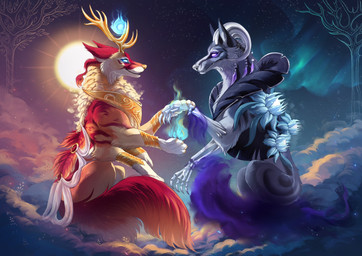 6_legs ambiguous_feral ambiguous_gender antlers aurora_(phenomenon) blue_eyes bone cloud duo exposed_bone fangs feral fur grey_body grey_fur horn mouth_closed orange_body orange_fur orange_tail purple_eyes quadruped red_body red_fur red_nose side_view sitting sun tail teeth white_body white_fur white_nose yellow_antlers yellow_nose santanahoffman canid canine mammal absurd_res hi_res