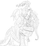 belly big_belly breasts duo female female_pred horn oral_vore overweight simple_background vore white_background wings grindavikbydaylight demon 1:1 2019 monochrome