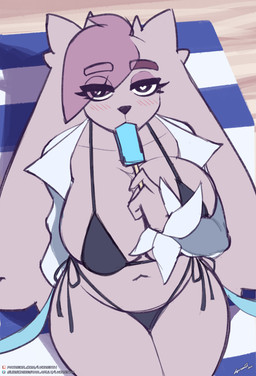 anthro beach beach_towel big_breasts bikini black_bikini black_clothing black_swimwear blush breast_squish breasts clothing collarbone eye_through_hair eyebrows eyelashes female food hair heart_eyes heart_symbol huge_breasts popsicle side-tie_bikini solo squish string_bikini swimwear towel translucent translucent_hair two-piece_swimsuit wide_hips lyorenth-the-dragon lagomorph leporid mammal rabbit 2026 hi_res