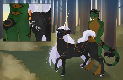 5_fingers accessory ankle_jewelry anthro anthro_on_feral anthro_penetrating anthro_penetrating_feral bestiality black_body black_hair blue_eyes bodily_fluids butt butt_grab buttplug claws close-up cum cum_in_vagina cum_inside cum_on_butt duo dusk facial_markings female female_penetrated feral feral_penetrated fingers gem genital_fluids grass hair hair_accessory hairband halter hand_on_butt head_markings hooves horn jewel_buttplug larger_anthro larger_male long_hair long_horn long_mane long_tail male male/female male_penetrating male_penetrating_female mane markings multicolored_body open_mouth orange_eyes outside_sex penetration plant plug_(sex_toy) ponytail raised_leg raised_tail sex sex_toy simple_background size_difference smaller_female smaller_feral spread_legs spreading standing standing_sex tail tail_tuft tail_wraps teeth tree tuft vaginal vaginal_penetration white_hair white_hooves white_horn white_mane white_tail wraps kanaeshka mythology alisian equid equine mammal mythological_creature mythological_equine scalie unicorn 2024 digital_media_(artwork) hi_res