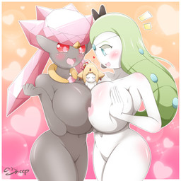 anthro between_breasts big_breasts blush bodily_fluids body_between_breasts border breast_squish breasts breasts_frottage drooling female female/female group hand_on_breast heart_symbol huge_breasts larger_female male male/female nipples nipples_touching nude pattern_background pokemorph saliva simple_background size_difference smaller_male squish trio white_border caramel-sheep nintendo pokemon fan_character diancie generation_3_pokemon generation_5_pokemon generation_6_pokemon jirachi legendary_pokemon meloetta meloetta_(aria_form) pokemon_(species) 1:1 absurd_res hi_res superabsurd_res