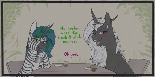 beverage dialogue duo ear_piercing female feral furniture glassware green_eyes hair horn larger_female looking_at_viewer open_mouth outside piercing sharp_teeth simple_background sitting size_difference smaller_female striped_body stripes table tea teeth text stray_prey hasbro my_little_pony mythology fan_character forest_glade sinfonie_(that1persn) equid equine horse mammal mythological_creature mythological_equine pony unicorn zebra 2025 2:1 absurd_res digital_media_(artwork) english_text hi_res