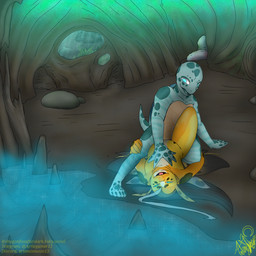animal_genitalia anthro cave cavern detailed_background duo frottage frottage_in_slit genital_slit genitals hand_on_chest intersex intersex/male leg_grab male male/male penile penises_touching scissor_position sex thigh_grab water fledgedragonfox ebb_goldling_(fledgedragonfox) johno_thunder_(johny_thunder) aquatic cyprinid cypriniform fish goldfish reptile scalie turtle 1:1