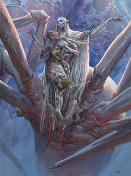 8_arms armor arthropod_abdomen arthropod_webbing blue_body boots bound brown_body clothing duo exoskeleton female footwear hair long_hair looking_down looking_up male multi_arm multi_limb shoes size_difference web_bondage white_hair jesper_ejsing dungeons_and_dragons hasbro magic:_the_gathering wizards_of_the_coast lolth_(dungeons_and_dragons) arachnid arachnid_taur arthropod arthropod_taur human mammal spider spider_taur taur 2020 absurd_res hi_res official_art traditional_media_(artwork)