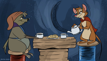 anthro beverage bread brown_body brown_fur cape clothing container cup duo female food fur grey_body grey_fur headgear headwear kettle multicolored_body multicolored_fur plate semi-anthro sitting spool tan_body tan_fur tea tea_cup text thread two_tone_body two_tone_fur dutch_(artist) don_bluth the_secret_of_nimh auntie_shrew mrs._brisby eulipotyphlan mammal mouse murid murine rodent shrew 2023 7:4 artist_name digital_media_(artwork)