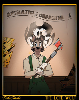 anthro axe clothing collared_shirt dress_shirt gloves handwear ink male overalls poster redesign scared shirt solo stain standing toony topwear worried bendy_and_the_ink_machine boris_the_friendly_wolf canid canine canis mammal wolf absurd_res hi_res