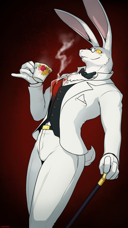 5_fingers anthro biped blood bodily_fluids bow_tie cane clothed clothing container cup fingers fur gesture looking_at_viewer male rabbit_ears raised_finger raised_pinky scut_tail short_tail solo tail tea_cup white_body white_fur corrsk capcom devil_may_cry devil_may_cry_(netflix) white_rabbit_(dmc) lagomorph leporid mammal rabbit 9:16 hi_res