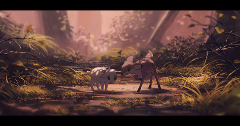 2_horns ambiguous_gender black_bars duo feral forest fur grass hair horn inner_ear_fluff leaf light multicolored_body multicolored_fur outside path plant quadruped short_hair spots sunlight tail tree tuft white_body white_fur itsdanfango ansel_(itsdanfango) olive_(itsdanfango) bovid caprine deer goat mammal 2017 hi_res letterbox