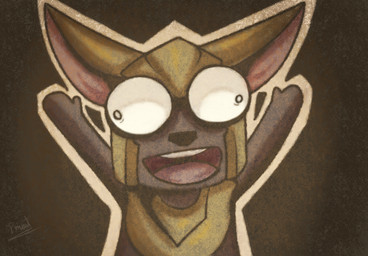 anthro armor brown_body brown_fur chibi clothed clothing derp_eyes funny_face fur male smile smiling_at_viewer solo teeth pinumontbalou league_of_legends riot_games tencent nasus_(lol) canid canine canis jackal mammal hi_res