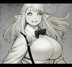 big_breasts bow_tie breasts clothed clothing cosplay female hair humanoid_pointy_ears long_hair looking_at_viewer not_furry open_mouth shirt smile solo topwear synecdoche plastic_love plus-sized_elf real_world elfuda_(plus-sized_elf) mariya_takeuchi elf humanoid mammal digital_media_(artwork) hi_res monochrome redraw