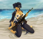 anthro beach bikini breasts cleavage clothed clothing countershading detailed_background female flag_bikini gun kneeling looking_at_viewer print_bikini print_clothing print_swimwear ranged_weapon rifle seaside smile solo swimwear teutonic two-piece_swimsuit weapon white_bikini white_clothing white_swimwear cinnameana lydia_von_blutsonne canid canine canis domestic_dog hovawart mammal hi_res