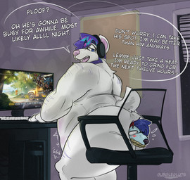 abdominal_bulge almost_fully_inside anal anal_vore anthro anus ass_up backsack balls bdsm beard belly between_buttocks big_belly blush body_hair body_in_anus bondage bound bullying butt chair computer computer_keyboard computer_monitor duo electronics endosoma facial_hair feet_first fur furniture gaming gaming_while_penetrated genitals hair headphones headphones_only highlights_(coloring) keyboard living_insertion long_term long_term_storage male male/male male_pred male_prey monitor multicolored_hair muscular muscular_male neck_tuft nub_tail nude_male office_chair on_chair open_mouth overweight overweight_male panicked_look purple_eyes purple_hair rear_view restraints rope rope_bondage rumbling_stomach safe_vore sagging_belly sitting sitting_on_chair stretched_anus teasing teeth teeth_showing text trapped_in_butt tuft vore white_body white_fur gurglegluts ambient_among_us marvel marvel_rivals bear canid canine canis mammal wolf english_text hi_res