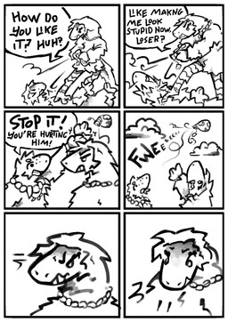 anthro bag cloud dialogue female fur group jewelry male necklace pinned pinned_to_ground scales sound_effects stepped_on text wind yvme beasties_(series) jubilee_(beasties) ruper_(beasties) smilo_(beasties) theripo absurd_res comic english_text hi_res monochrome