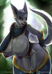 anthro areola big_breasts black_sclera blue_body breasts clothed clothing curvy_figure featureless_crotch female fur hanging_breasts huge_breasts hyper hyper_breasts looking_at_viewer nipples smile solo thick_thighs voluptuous yellow_eyes moodang capcom monster_hunter canid canine canis canyne mammal palamute absurd_res hi_res