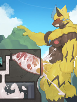 anthro balls big_balls big_muscles big_penis blush bodily_fluids body_worship cum cum_inside destruction erection excessive_cum excessive_genital_fluids eyes_closed facility flooding fur genital_fluids genitals glans huge_muscles huge_penis humanoid_genitalia humanoid_penis hyper hyper_genitalia hyper_penis internal machine macro male milking_machine muscular muscular_anthro muscular_male nipples orgasm pecs penetrable_sex_toy penetration penile penis penis_milking sex_toy solo thick_penis vein veiny_penis yellow_body yellow_fur namutree nintendo pokemon felid generation_7_pokemon legendary_pokemon mammal pokemon_(species) zeraora absurd_res hi_res