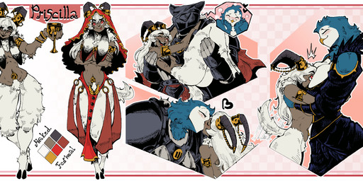 2_horns anthro armor armored_body beak big_breasts black_clothing black_dress black_eyes blue_body blue_feathers blue_hair blush bracelet breast_pillow breast_smother breasts bridal_carry carrying_another claws cleavage clothed clothing cloven_hooves dark_body dark_skin dress duo eyes_closed face_in_breasts feathers female female/female female_anthro fur furry_legs gauntlets gloves hair handwear happy headgear heart_symbol helmet hooves horn horn_jewelry huge_breasts jewelry kiss_on_lips kissing long_ears red_eyes smile smiling_at_another smiling_at_each_other smiling_at_partner smothering tail tail_motion tailwag tongue tongue_out white_body white_fur white_hair leikdaz priscilla_(somebirdorsomething) svetlanna_(somebirdorsomething) animal_humanoid avian avian_humanoid bird bird_humanoid bovid bovid_humanoid caprine caprine_humanoid faun goat_humanoid humanoid mammal mammal_humanoid owl owl_humanoid satyr absurd_res hi_res model_sheet
