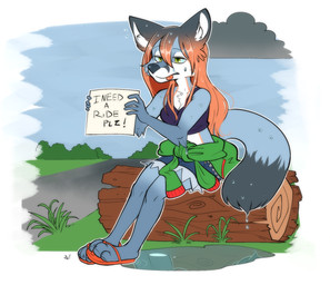 4_toes 5_fingers anthro blue_body blue_fur blue_nose bottomwear bra breasts chest_tuft clothing cloud drenched feet female fingers footwear fur grass grey_body grey_fur hair inner_ear_fluff log orange_hair paws plant sandals shoes shorts shrub sign simple_background sitting sky soaked solo sweater toes tongue tongue_out topwear tuft underwear wet wood puropoly canid canine fox mammal english_description hi_res