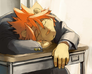 5_fingers anthro biped bottomwear classroom clothed clothing desk eyes_closed fingernails fingers fully_clothed fur furniture hair humanoid_hands inside jacket male nails on_desk orange_hair orange_nose pants school short_hair sitting sleeping solo spiky_hair table topwear uniform gamma-g morenatsu soutarou_touno felid lion mammal pantherine 5:4