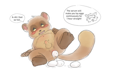 anal_oviposition anthro balls blush brown_body duo egg erection genitals male oviposition penis slightly_chubby small_penis text young riddletflab canid canine mammal raccoon_dog tanuki 2025 3:2 english_text hi_res