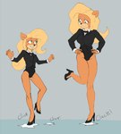 2020 5_fingers activision anthro bandicoot bare_legs black_bow_tie black_clothing black_footwear black_high_heels black_jacket black_leotard black_shoes black_tie_(suit) black_topwear blonde_eyebrows blonde_hair bow_tie breasts closed_smile clothing coco_bandicoot contact_onomatopoeia crash_bandicoot_(series) dance_shoes dancewear dancing dress_shirt duo emanata eye_contact eyebrows eyelashes eyeliner facial_markings female fingers footwear fur green_eyes grey_background grin hair hands_on_hips head_markings high_heels impact_onomatopoeia jacket leotard looking_at_another makeup mammal markings marsupial mouth_closed multicolored_body multicolored_fur muzzle_(marking) neck_markings noodel17 onomatopoeia orange_body orange_fur plantigrade shirt shoes simple_background smile smiling_at_another smiling_at_each_other sound_effects suit suit_jacket tan_body tan_fur tan_markings tap_dancing tap_shoes tawna_bandicoot text topwear two_tone_body two_tone_fur white_clothing white_shirt white_topwear