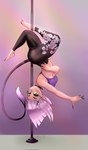 breasts dancing eyewear female glasses hair horn pink_hair pole pole_dancing round_glasses smile solo tail theyishai yishai kiit0s demon demon_humanoid humanoid 2021 digital_media_(artwork) hi_res