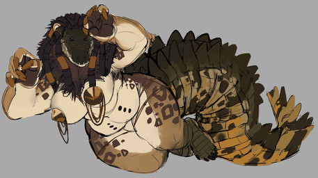 anthro breasts claws dreadlocks female nipplecaps overweight solo tail carvarior egyptian_mythology middle_eastern_mythology mythology ammit crocodile crocodilian felid lion mammal pantherine reptile scalie hi_res