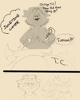 anthro big_butt big_penis blush blush_lines bodily_fluids body_writing bottomless butt close-up clothed clothing dialogue erection exclamation_point eyebrows fellatio fingers front_view fur genitals group hand_on_head hat headgear headwear huge_penis kneeling kneeling_oral_position looking_at_another male male_penetrating nervous nude open_mouth open_smile oral oral_penetration penetration penile penile_penetration penis question question_mark raised_eyebrow rear_view sex sitting smile sweat tail text thick_thighs thought_bubble tongue topwear vein veiny_penis vest whiskers writing_on_butt sushiamazing hanna-barbera top_cat_(series) brain_(top_cat) choo-choo_(top_cat) top_cat domestic_cat felid feline felis mammal 2026 absurd_res comic digital_media_(artwork) english_text guide_lines hi_res sketch