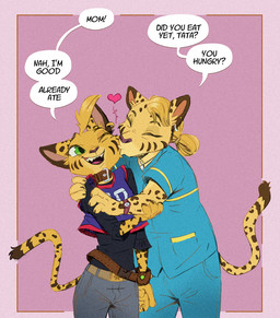 anthro belt blonde_hair bottomwear bracelet clock clothing collar denim denim_bottomwear denim_clothing dialogue duo ear_piercing ear_ring eyes_closed female fur green_eyes hair happy head_tuft heart_symbol hug hugging_another jeans jersey jewelry kissing_cheek long_sleeves markings one_eye_closed open_mouth pants piercing pointy_ears ring_piercing scrubs sharp_teeth shirt simple_background smile speech_bubble spiked_bracelet spikes spots spotted_body spotted_fur spotted_markings striped_markings stripes teeth text tied_hair topwear tuft watch wristwatch yellow_body yellow_fur ruffu pepper_(ruffu) felid feline mammal digital_drawing_(artwork) digital_media_(artwork) english_text portrait three-quarter_portrait