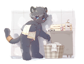 anthro balls black_body black_fur blue_eyes blush embarrassed eyewear flaccid foreskin front_view fur genitals glasses grey_hair hair jewelry laundry looking_at_viewer male nipples nude penis slightly_chubby small_penis solo towel wet young young_anthro young_male lang_yus felid feline mammal 2026 colored hi_res shaded