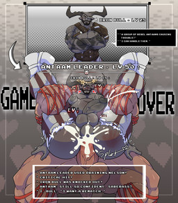 2_horns abs anal anal_penetration antaam anthro beard blush bodily_fluids boss_fight clothed clothed_sex clothing confident cum cum_inflation cum_inside dominant dominant_male duo ejaculation erection eye_patch eyewear facial_hair footwear full_nelson game_over gameplay_mechanics genital_fluids genitals horn inflated_belly inflation large_male leaking_cum leaking_penis level_difference level_number male male/male muscular muscular_bottom muscular_male overconfident penetration penile penile_penetration penis penis_in_ass sex shoes small_comic spank_marks speech_bubble text torn_clothing nulldystopia bioware dragon_age electronic_arts iron_bull qunari absurd_res english_text hi_res