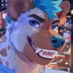 anthro blue_clothing blue_eyes blue_hair blue_nose blue_topwear blurred_background brown_body brown_fur brown_spots cheek_tuft clothed clothing ear_piercing ear_ring facial_tuft fangs fur glistening glistening_eyes hair looking_at_viewer male markings notched_ear open_mouth piercing pink_tongue ring_piercing short_hair solo spots spotted_body spotted_fur spotted_neck teeth tongue topwear tuft white_body white_fur corzh77 hyena mammal 1:1 bust_portrait hi_res portrait