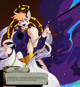 anthro athletic athletic_anthro athletic_male black_hole black_sclera bottomwear clothing dialogue dialogue_box fur gold_(metal) gold_jewelry hair halo jewelry looking_at_viewer male nebula planet robe skirt smile solo space star talking_to_viewer text wheel white_body white_fur viola_bat hades_(game) nate_fox_(natefox211) canid canine deity fox mammal absurd_res english_text hi_res